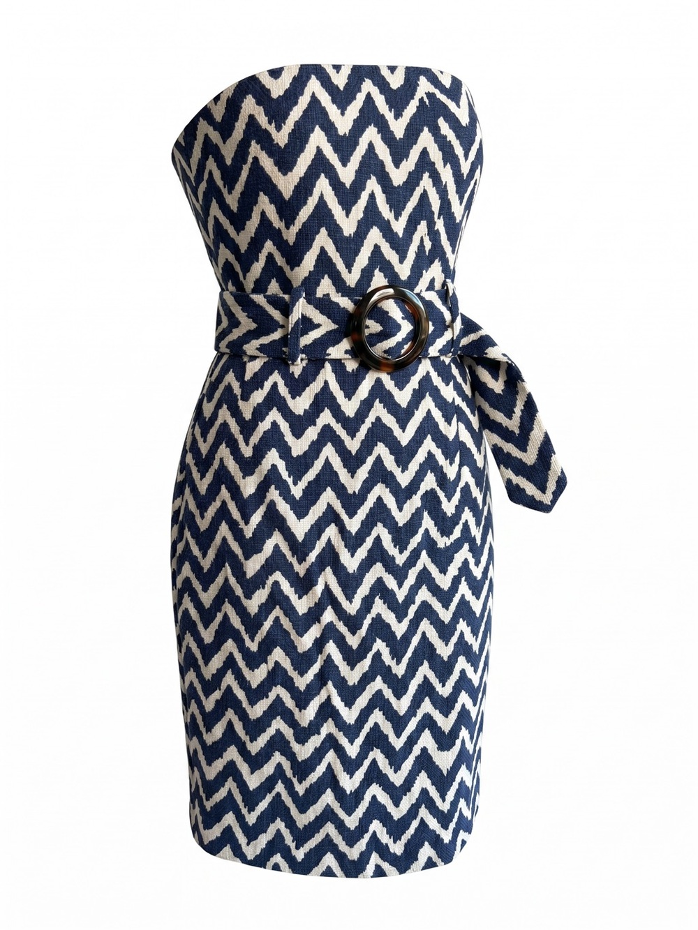 MILLY of New York Strapless Chevron Tweed Pencil Dress. Indigo Blue and White - Picture 13 of 15